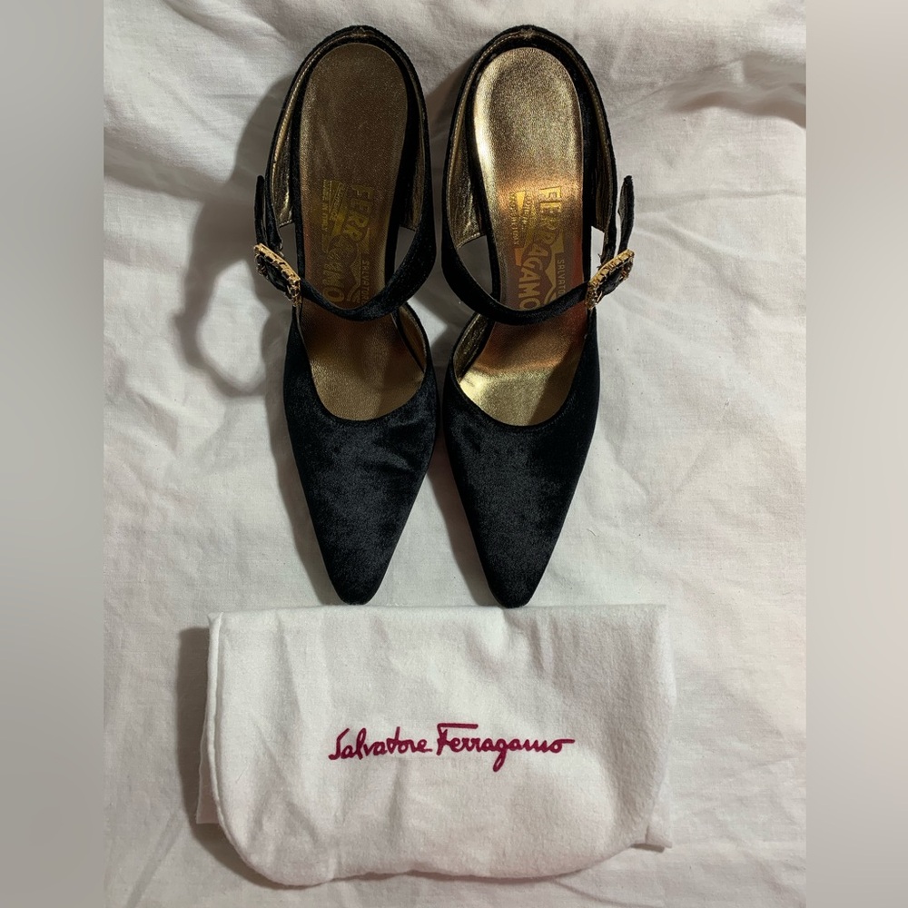 Salvatore Ferragamo Black Pointed-Toe Mary Jane Heels with Gold Insole
